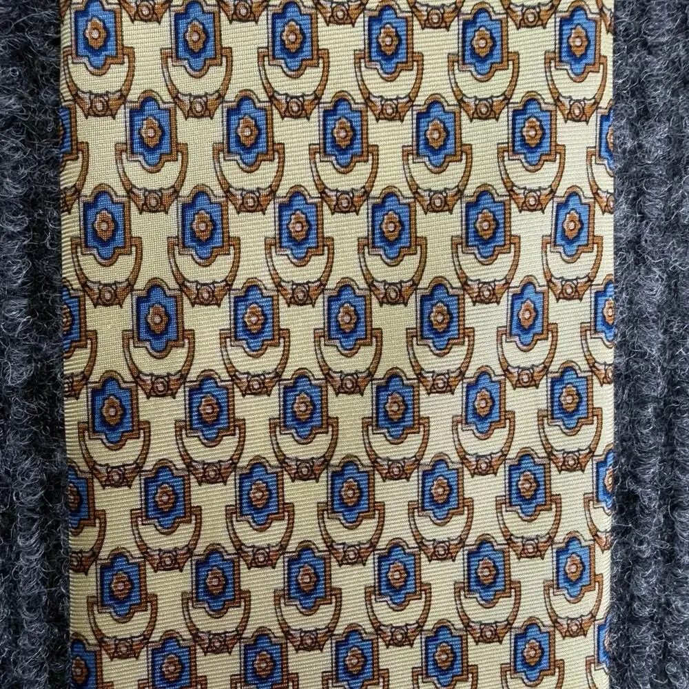 Valentino Rudy Italy Men’s 100% Silk Yellow Blue Brown Geometric Necktie